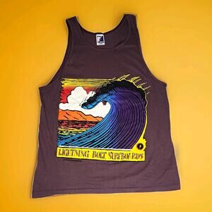 Lightning Bolt Men's Tank Top L Purple Graphic Print Cotton Knit Scoop Neck Logo